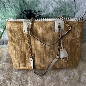Michael Kors Natural Straw Tote with Cream Trim and Gold Chain